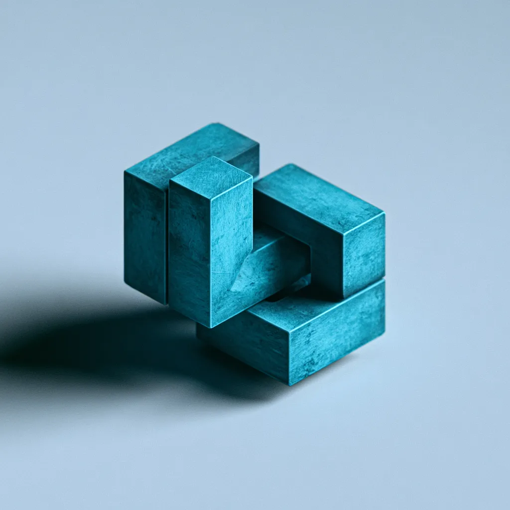 Interlocking teal blocks forming an open monogram